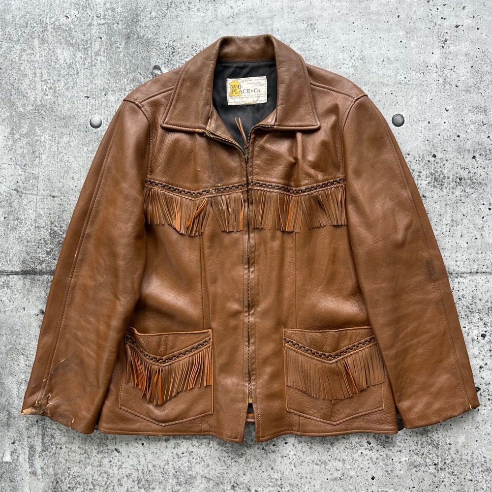 Vintage WB Place & Co Jacket Mens 46 Brown Western Cowboy Leather Fringe 70s